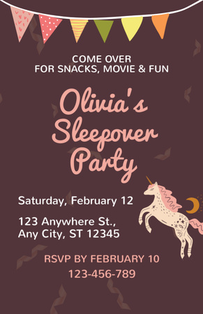 Announcement of Sleepover Party with Unicorn Invitation 5.5x8.5in Design Template