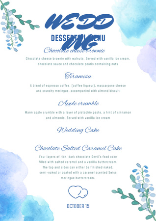 Lista de sobremesas de casamento em aquarela azul Menu Modelo de Design