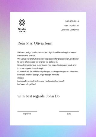 コラボレーションの提案を含むデザイン スタジオへの動機付けの手紙 Letterheadデザインテンプレート
