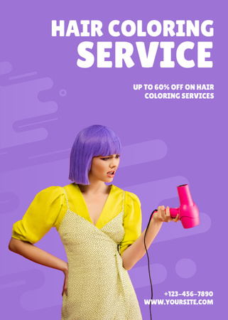 Hair Coloring Services Ad with Stylish Woman Using Hair Dryer Flayer Design Template