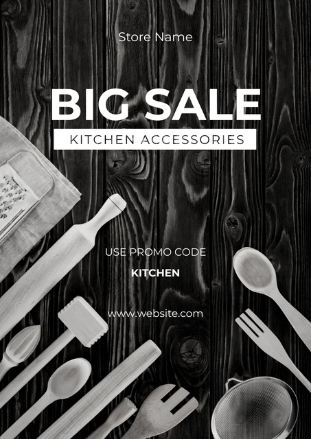Big Sale of Kitchen Accessories Black and White Poster Design Template