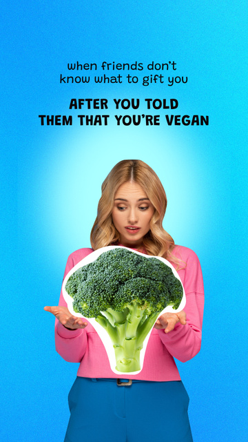 Plantilla de diseño de Funny Joke about Vegetarianism with Woman and Huge Broccoli Instagram Story 