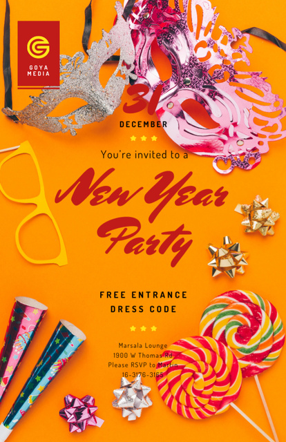 New Year Party With Shiny Decorations in Orange Invitation 5.5x8.5in Design Template