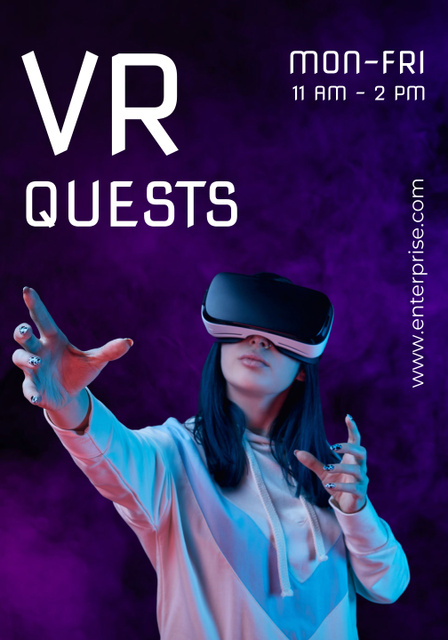 Woman using Virtual Reality Glasses on Purple Poster 28x40in Design Template