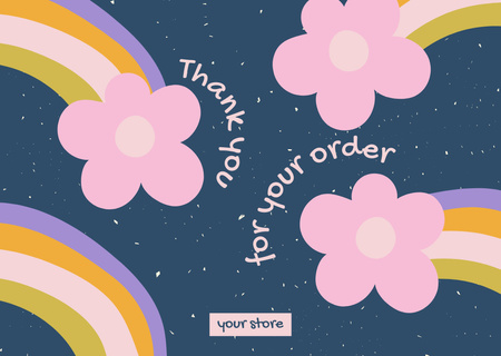 Modèle de visuel Merci pour votre message de commande avec des fleurs roses et des arcs-en-ciel - Card