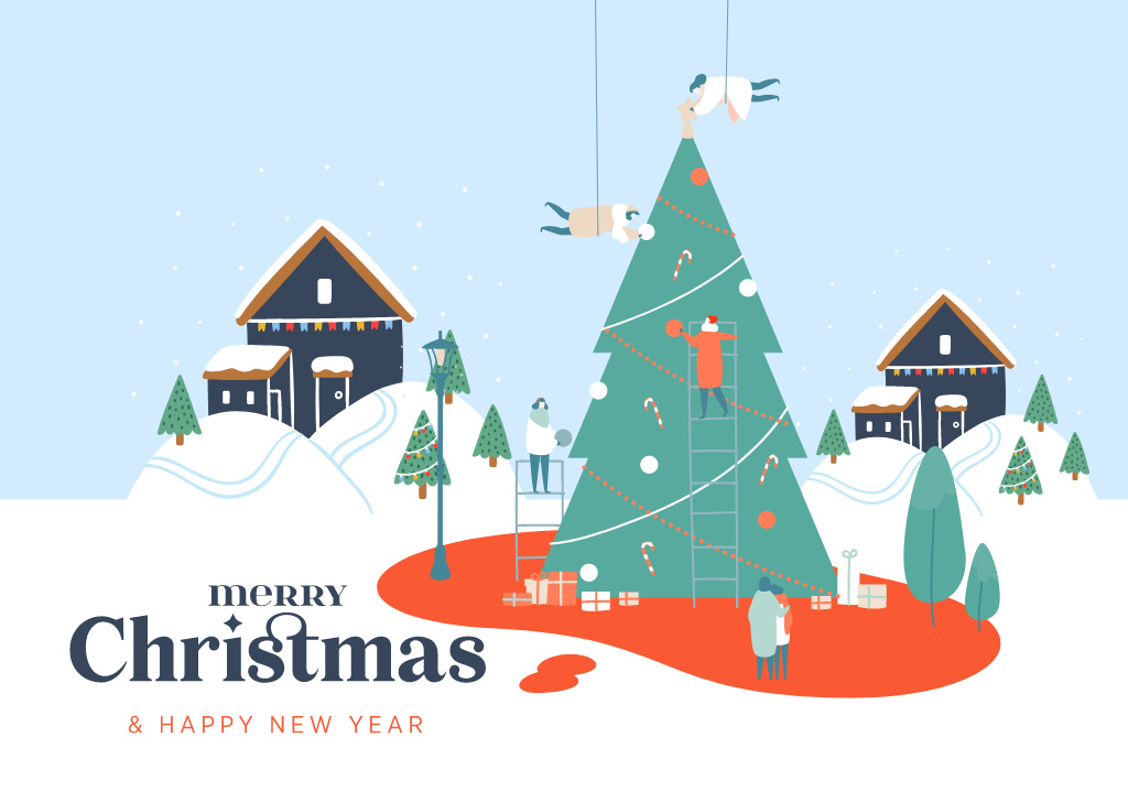 Ontwerpsjabloon van Postcard van Christmas and New Year Cheers with Illustrated Town Panorama