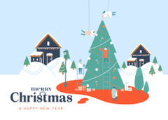Christmas and New Year Cheers with Illustrated Town Panorama