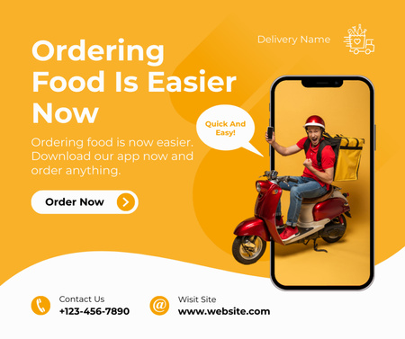 Platilla de diseño Offer of Food Ordering with Courier on Phone Screen Facebook