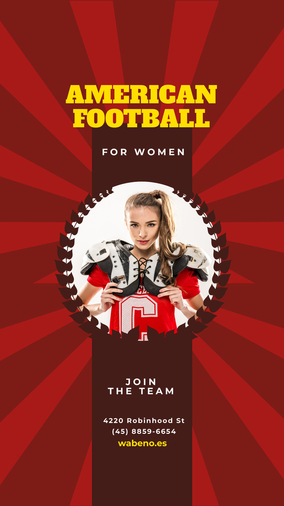American Football Team Invitation with Girl in Uniform Instagram Story Design Template