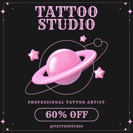 Ontwerpsjabloon van Instagram van Geïllustreerde planeet- en tatoeëerdersservice met korting in de studio