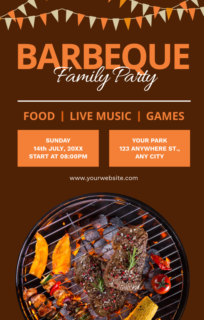 Szablon projektu Barbecue Party Ad with Grilling Meat Photo on Brown Invitation 4.6x7.2in
