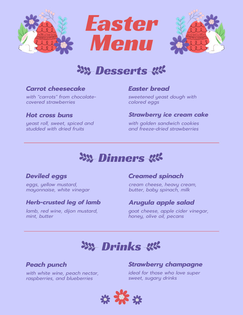 Easter Meals Simple Offer on Purple Menu 8.5x11in Tasarım Şablonu