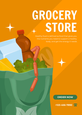 Grocery Store With Food Illustration Promotion Flayer Design Template
