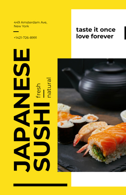 Japanese Restaurant Advertisement with Fresh Sushi on Yellow Flyer 5.5x8.5in Tasarım Şablonu