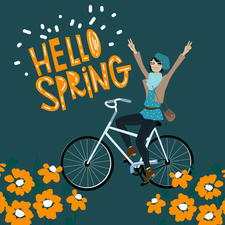 Spring Greeting with Woman Riding Bike Instagram Design Template