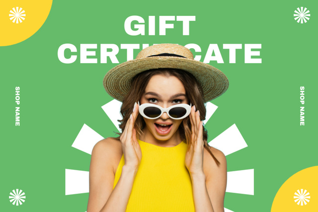 Designvorlage Gift Voucher Offer with Stylish Woman in Sunglasses für Gift Certificate