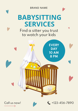 Babysitting Services Offer with Сute Hearts Poster A3 Design Template