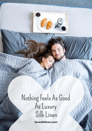 Silk Bed Linen Ad with Couple Sleeping in Bed Flyer A5 Design Template