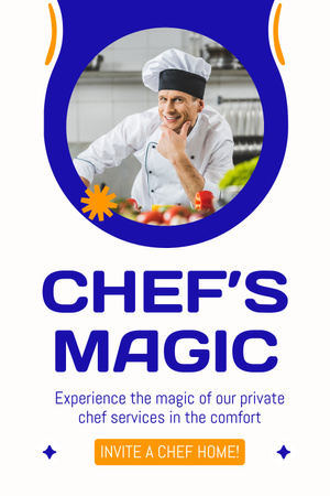 Ontwerpsjabloon van Pinterest van Cateringdiensten met chef-kok in de keuken