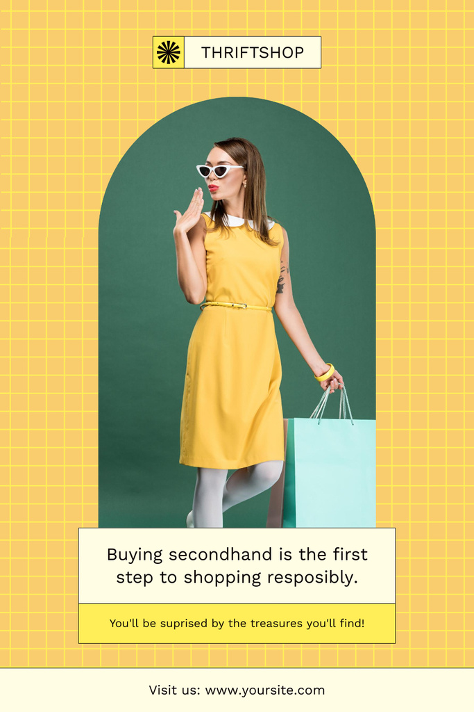 Retro woman in yellow on shopping Pinterest Šablona návrhu