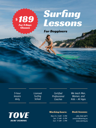 Plantilla de diseño de Surfing Guide with Woman on Board in Blue Poster US 