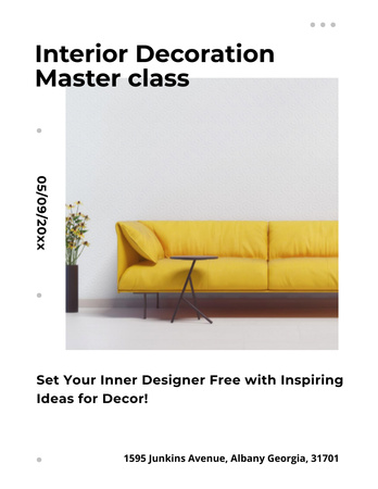Interior Decoration Masterclass Announcement with Bright Yellow Sofa Poster 8.5x11in Design Template
