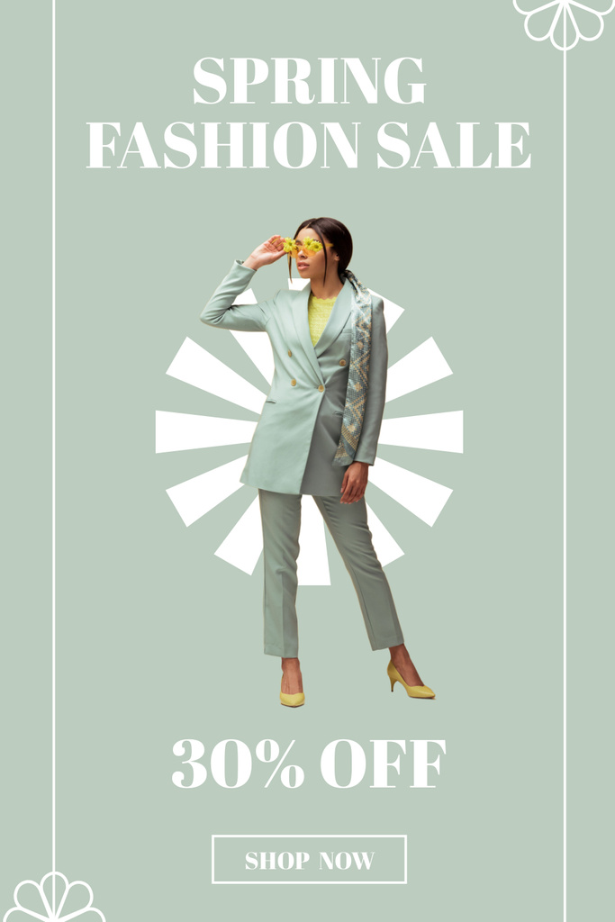 Spring Sale Offer with Young Woman in Gray Pinterest Šablona návrhu