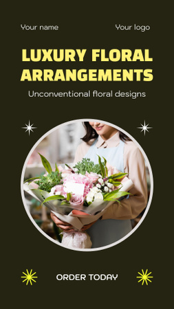 Designvorlage Junge Frau mit großem Blumenstrauß für Instagram Video Story