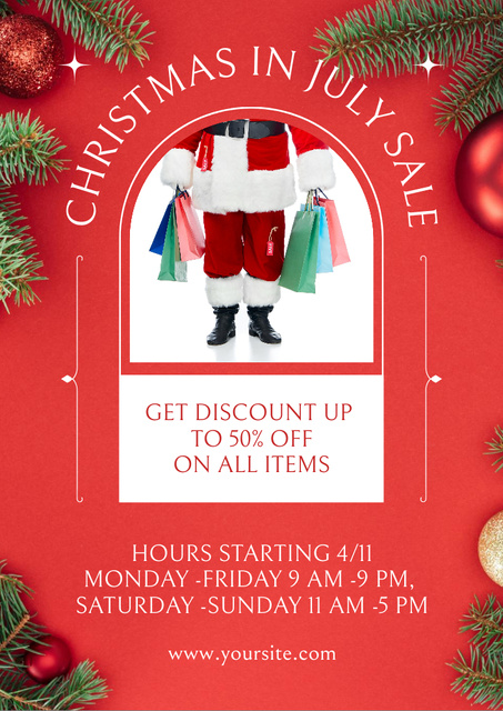 July Christmas Sale Announcement with Santa with Shopping Bags Flyer A4 Design Template