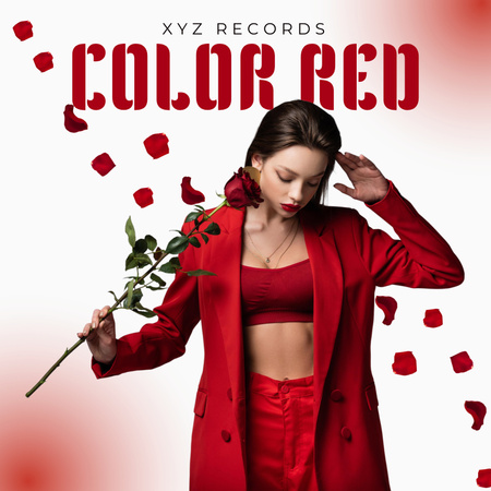 Designvorlage Woman in red holding rose für Album Cover