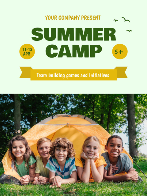 Summer Camp Ad with Kids in Tent Poster US Design Template