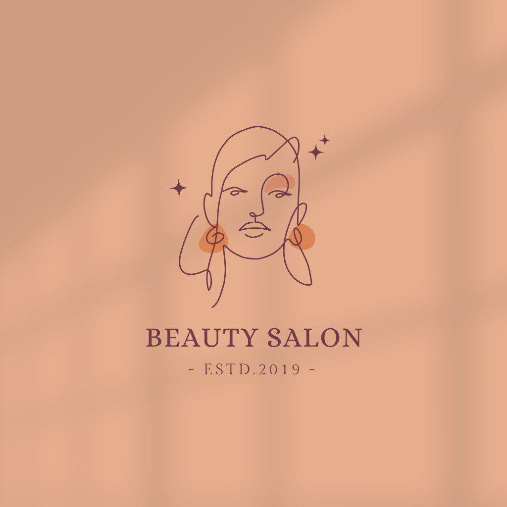 Beauty Studio Ad with Woman Line Art Portrait In Orange Logo Design Template