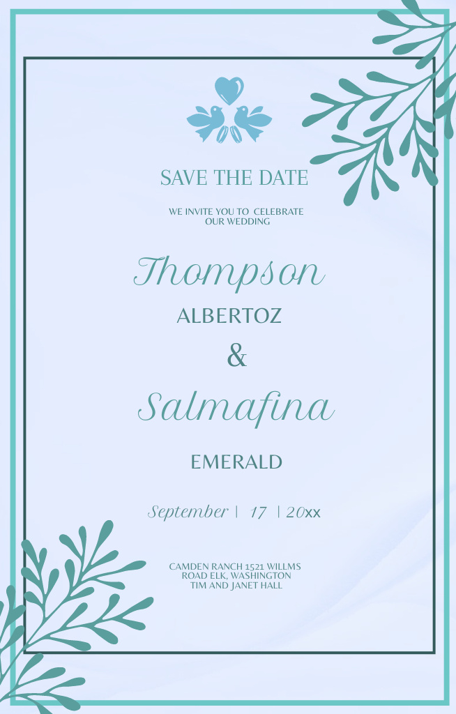 Plantilla de diseño de Celebration Of Wedding Ceremony With Florals in Blue Invitation 4.6x7.2in 