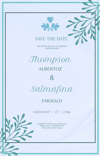 Platilla de diseño Celebration Of Wedding Ceremony With Florals in Blue Invitation 4.6x7.2in