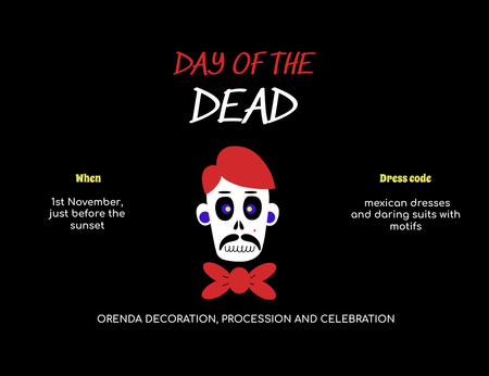 Day of the Dead Announcement With Mask Skull Invitation 13.9x10.7cm Horizontal Design Template