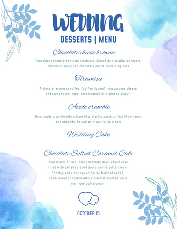 Wedding Desserts List on Blue Watercolor Blots Menu 8.5x11in Design Template