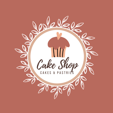 Ontwerpsjabloon van Logo van Bakkerij en gebak Winkelpromotie met Cupcake In cirkel met bladerenornament
