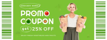 Designvorlage Young Woman Holding Bags with Food for Grocery Store Ad für Coupon