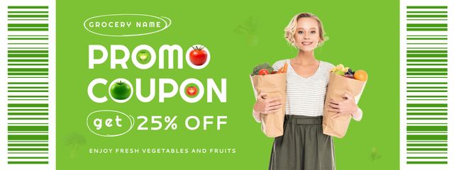 Young Woman Holding Bags with Food for Grocery Store Ad Coupon – шаблон для дизайну