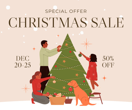 Christmas Sale Ad with Family Decorating Christmas Tree Facebook Design Template