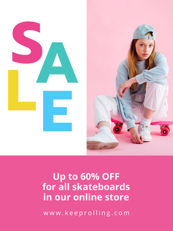 Discount Offer with Young Woman on Bright Skateboard Poster 36x48in Design Template