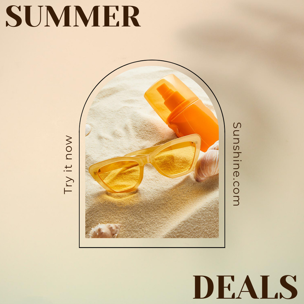 Sun Protection Cream Offer with Yellow Glasses on Sand Instagram AD Design Template