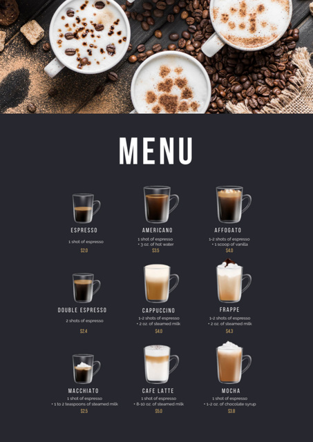 Szablon projektu Coffee drinks variety Menu