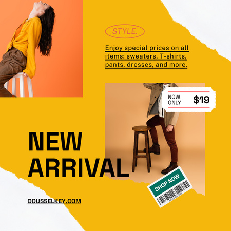 Plantilla de diseño de Llegada de ropa nueva sobre fondo amarillo Instagram 