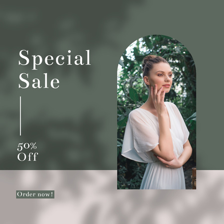 Special Clothing Sale Offer with Woman in White Dress Instagram Design Template