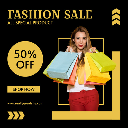 Ontwerpsjabloon van Instagram van Fashion Sale Anouncement with Woman Carring Shopping 
