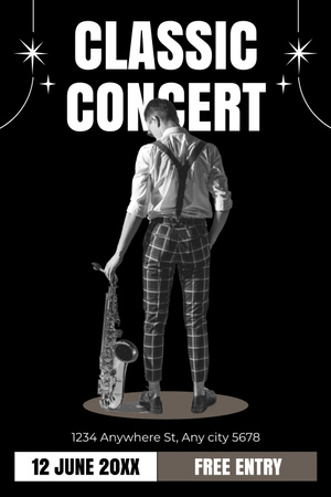 Plantilla de diseño de Concierto de música clásica con interpretación de saxofón Pinterest 