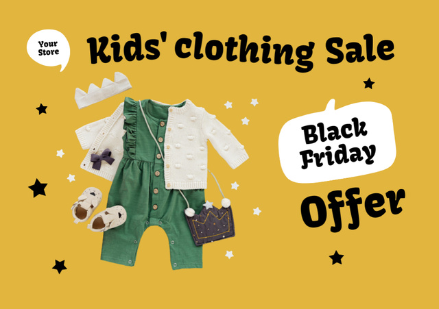 Kids' Clothing Sale on Black Friday on Yellow Flyer A5 Horizontal Design Template