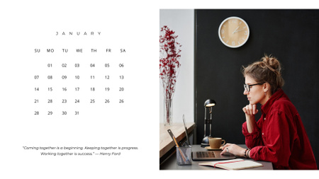 Plantilla de diseño de mujer trabajando en el ordenador portátil en la oficina Calendar 