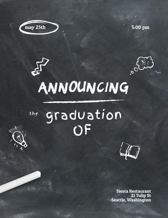 Graduation Announcement with Handdrawn Illustration on Blackboard Invitation 13.9x10.7cm Design Template